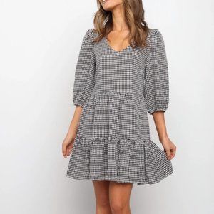 Petal and Pup Black Gingham Checkered Tier Puff Sleeve Dress